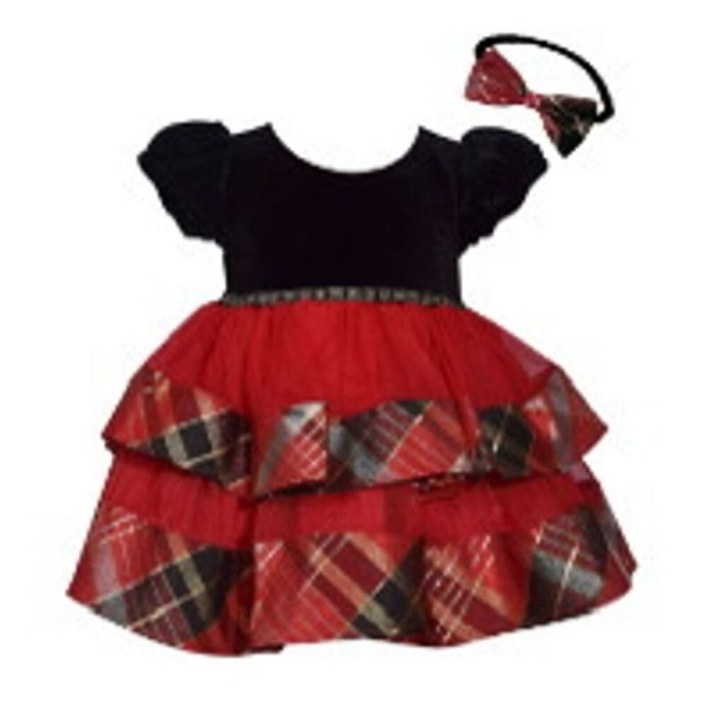 Bonnie Jean Red Velvet & Plaid Tiered Holiday Dress Baby Girls New Christmas 18M